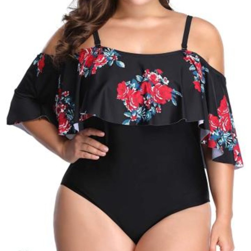 New Off the Shoulder Black and Flower Swimsuit 20W